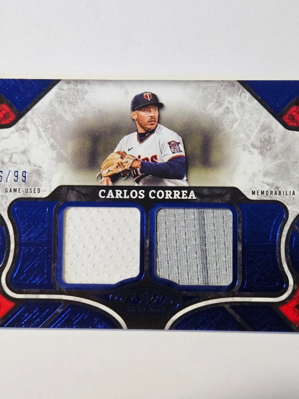 Topps Tier One Relics Carlos Correa Baseball Memorabilia Card 36/99 Blue Foil
